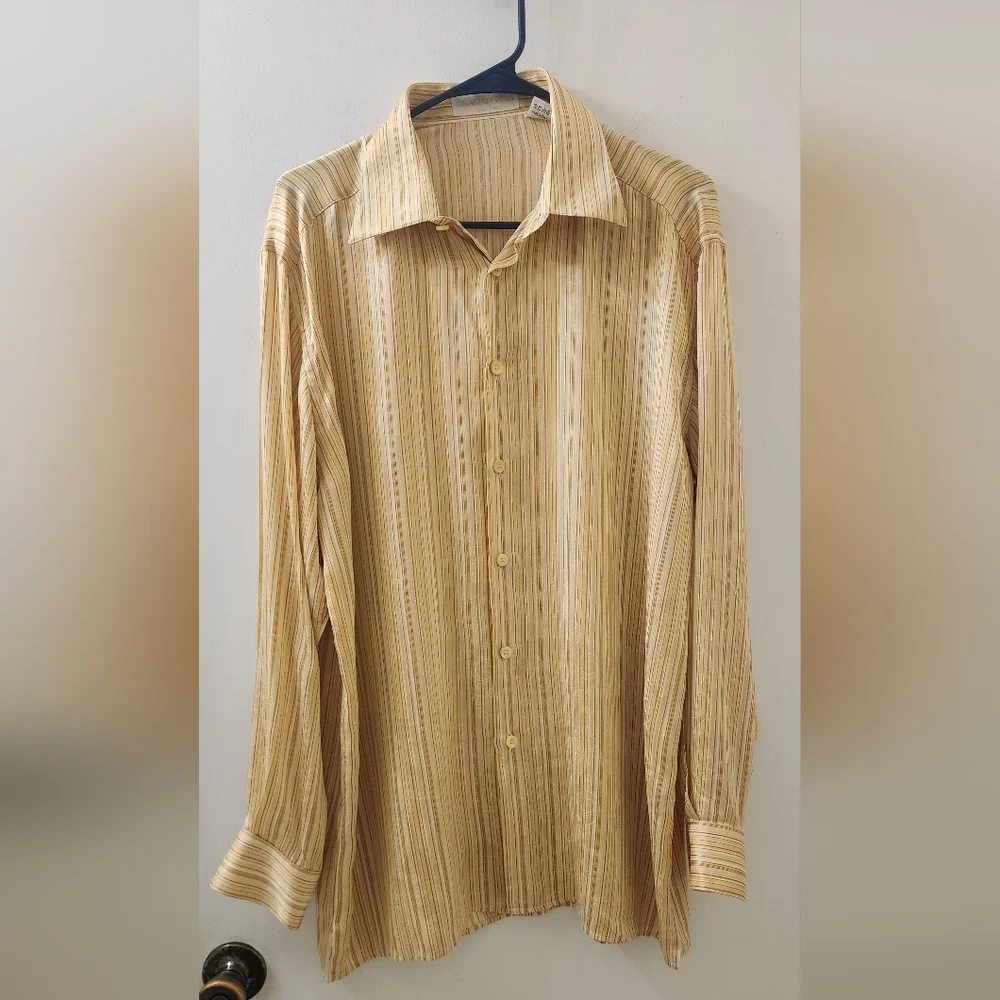 Gianni Viera Men's Tan Striped Shirt, Size Large, Silk, Made‎ In Italy.